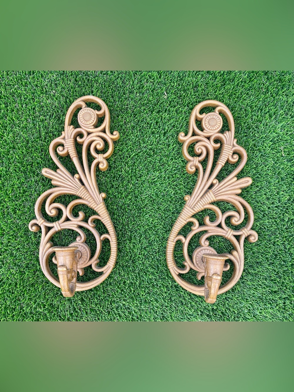 Vintage 1970s Homco Syroco Faux Rattan Wall Sconce Candle Holders - Pair